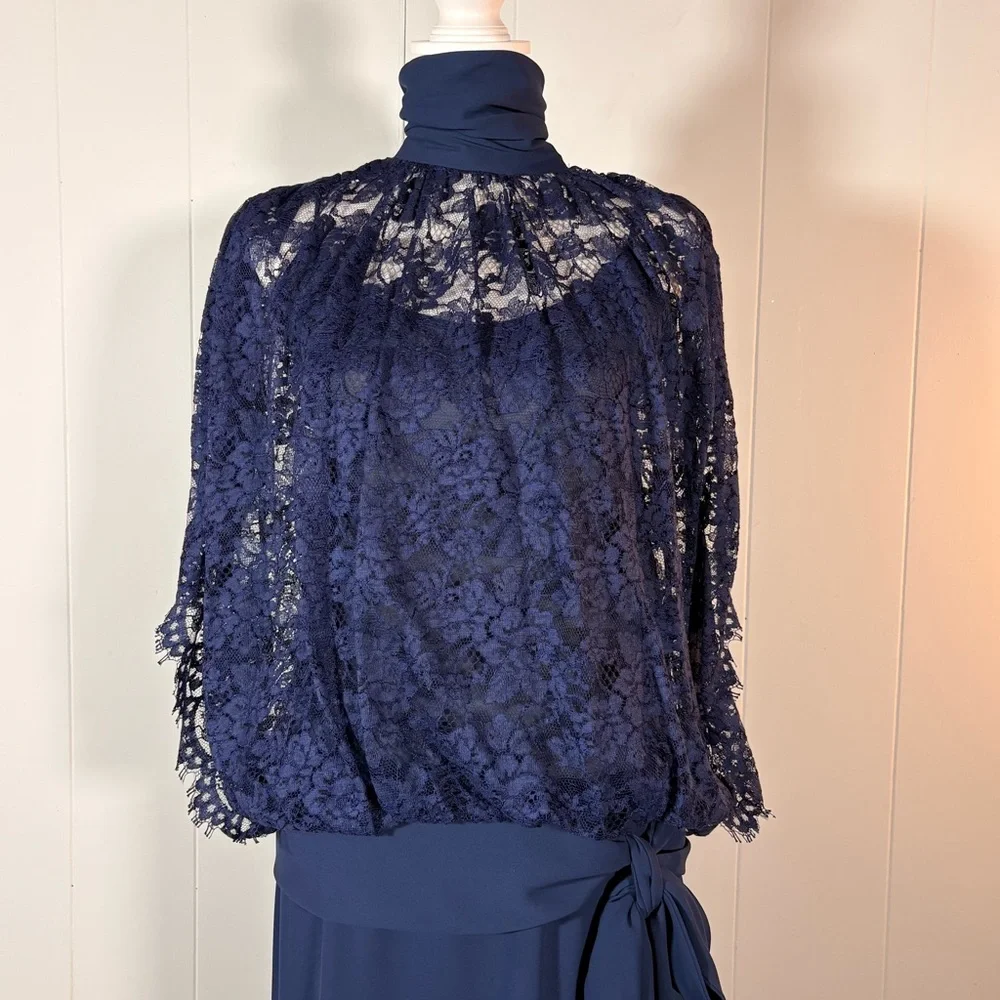 Vintage Navy Lace‎ Cocktail Dress Women’s 4 Blue Batwing Drop Waist Chic Elegant